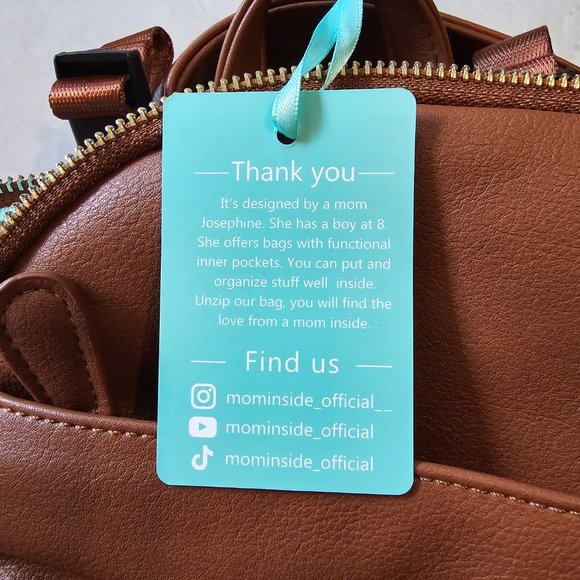 MOMINSIDE Small Brown Leather Diaper Bag Backpack with Blue Interio - Brand New! - Picture 6 of 11